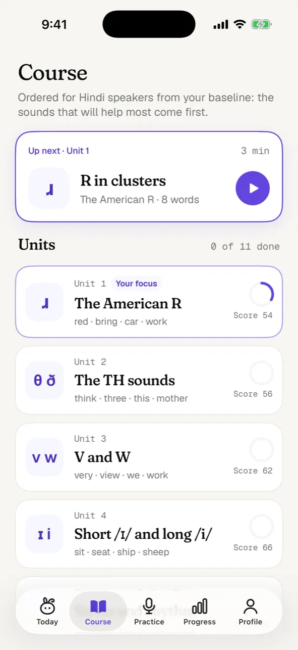 Course tab: units ordered for Hindi speakers