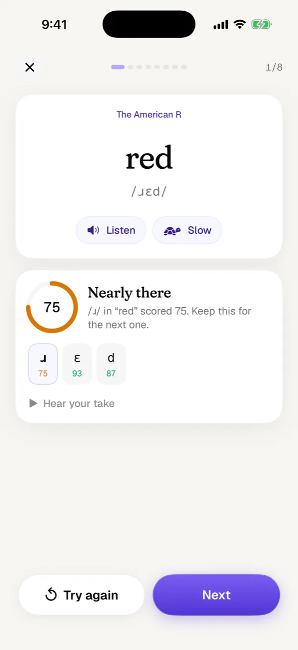 Feedback on the word “red”: /ɹ/ scored 75, with a score for each sound