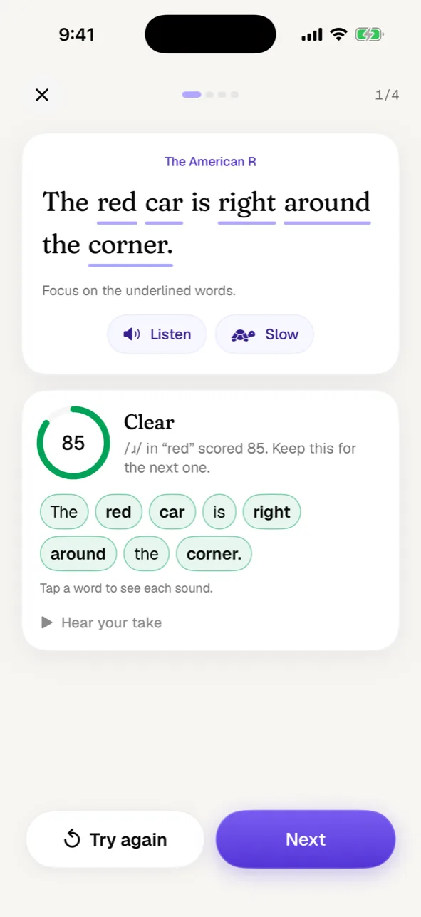 Sentence feedback with each word colored by score