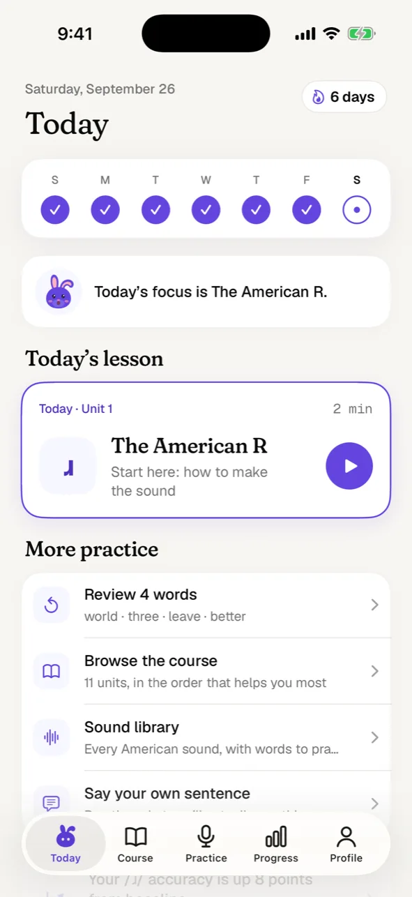 Today tab: a week of practice and today’s lesson